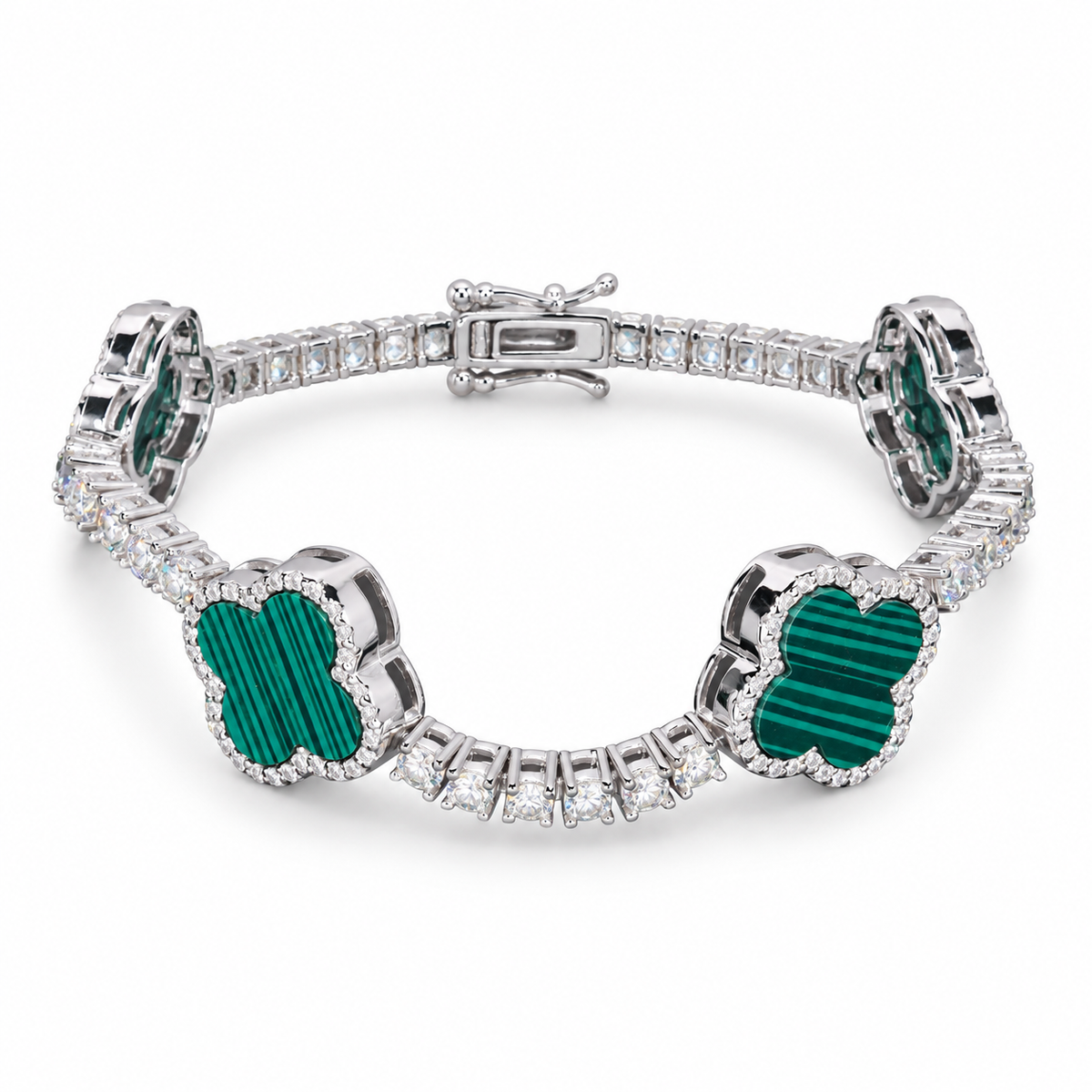 Silver-tone tennis bracelet with striped green clover inlays on white
