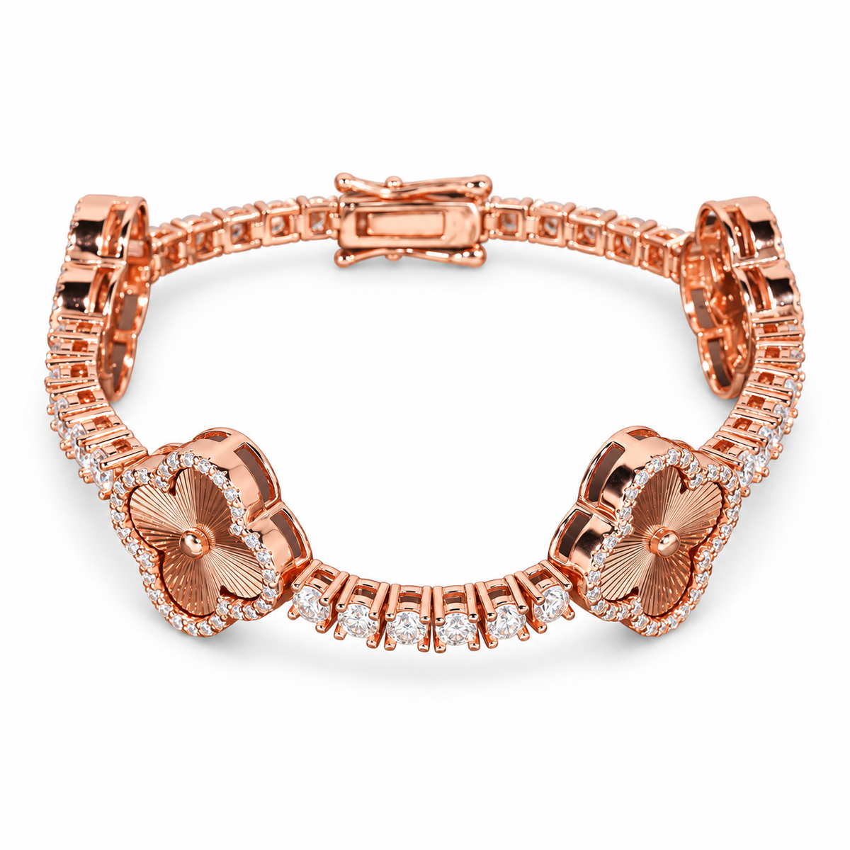 Rose Gold-tone engraved clover tennis bracelet with clear stone halos on white