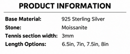English product information card showing bracelet material, stone, tennis section width and length options