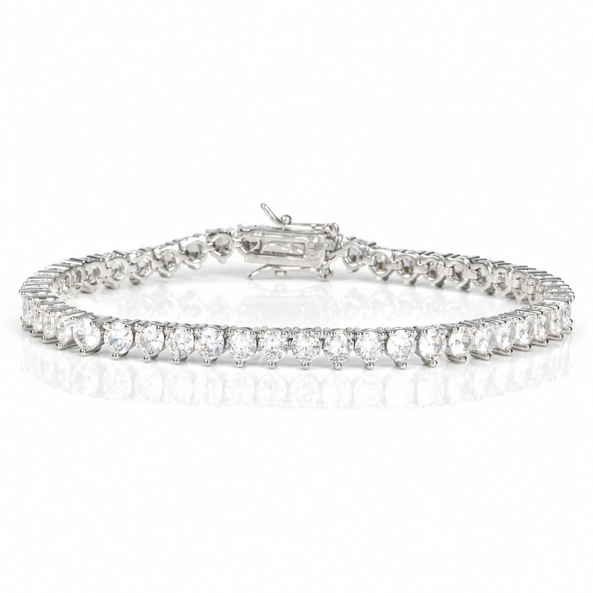 Silver-tone three-prong tennis bracelet with box clasp, front view
