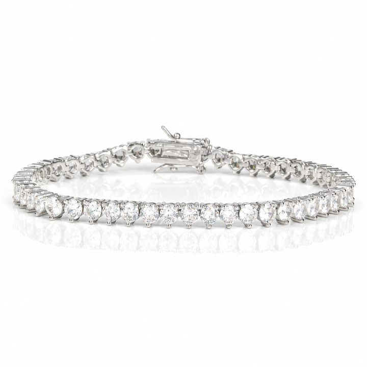 Silver-tone three-prong tennis bracelet with box clasp, front view