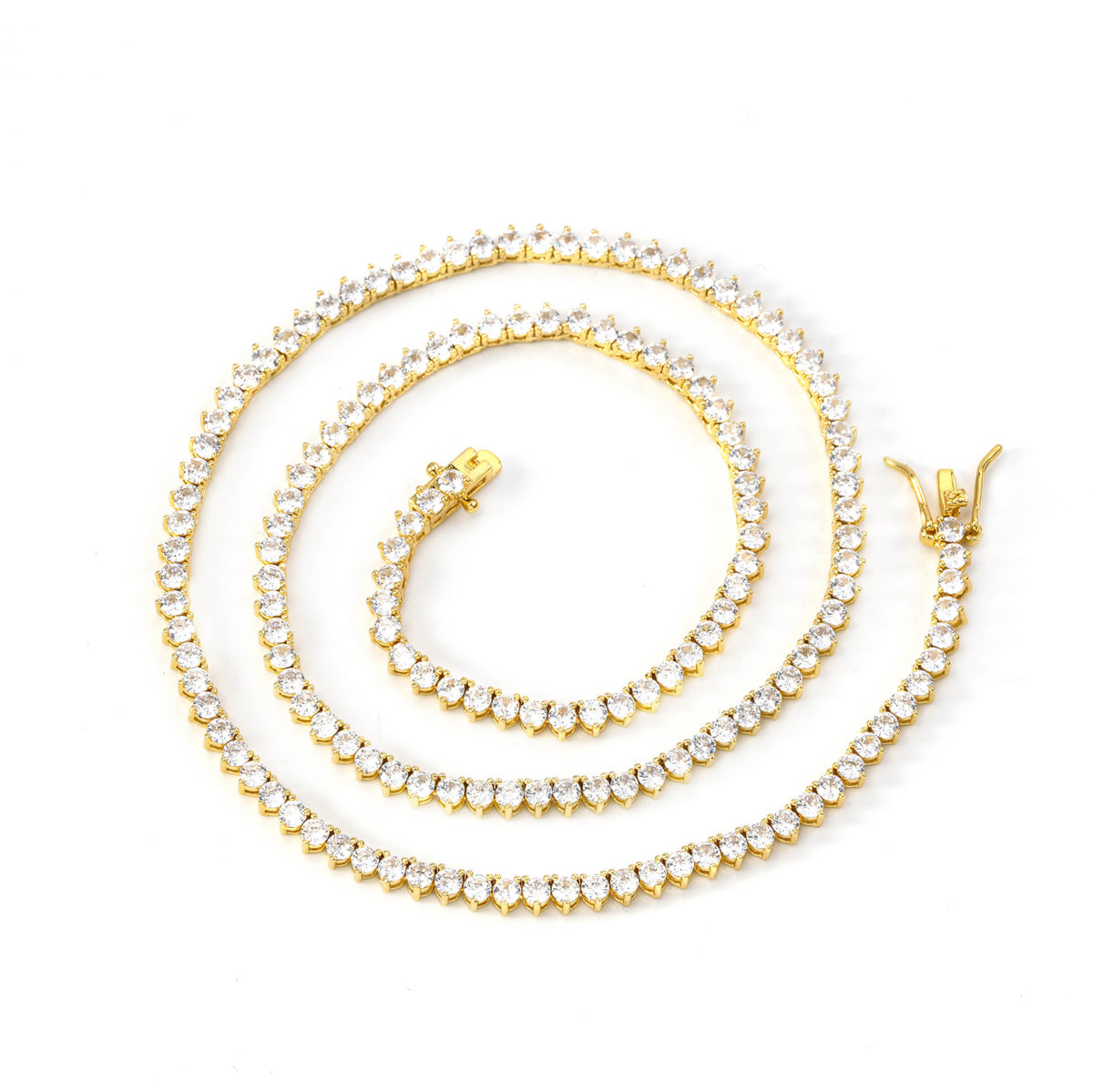 Gold-tone three-prong tennis necklace arranged in a spiral