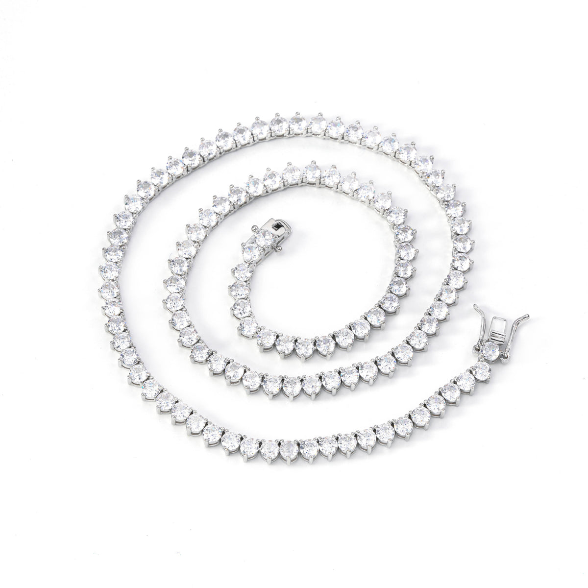 Silver-tone three-prong tennis necklace arranged in a spiral