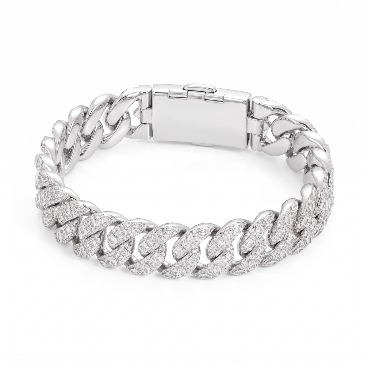 Silver-tone braided Cuban bracelet with stone-set outer links and smooth polished inner links and clasp on white