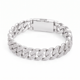 Silver-tone braided Cuban bracelet with stone-set outer links and smooth polished inner links and clasp on white