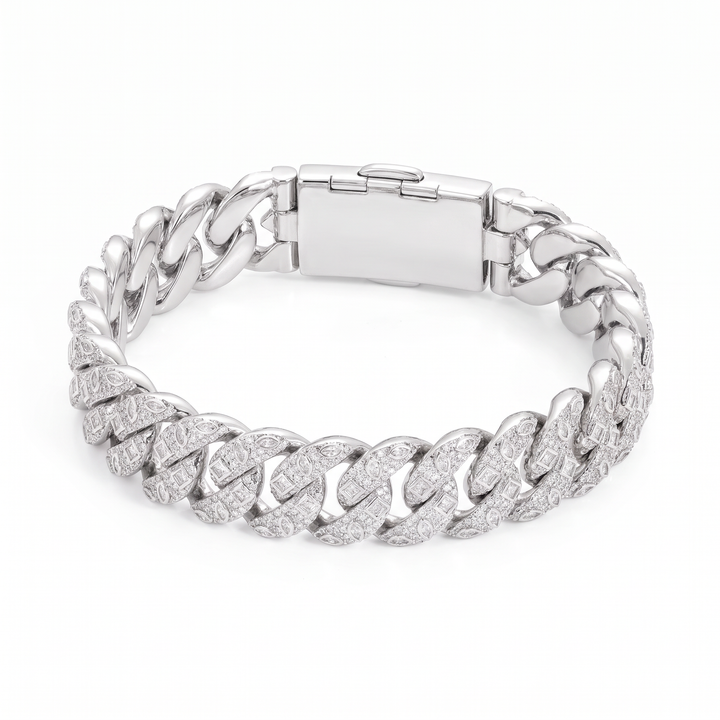 Silver-tone braided Cuban bracelet with stone-set outer links and smooth polished inner links and clasp on white