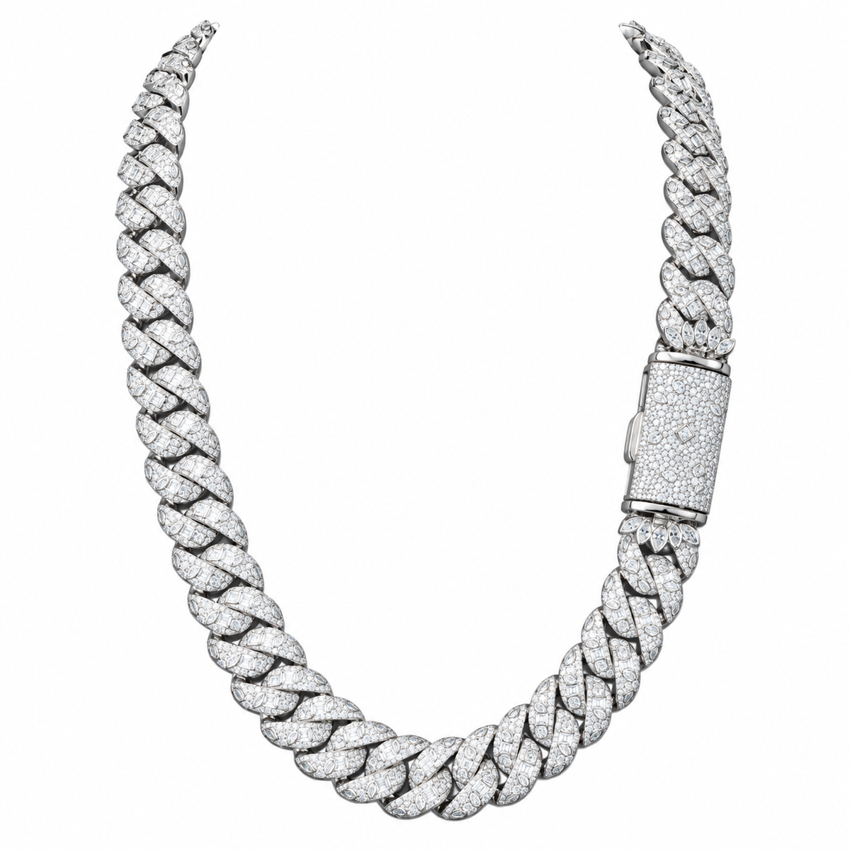 Silver-tone Cuban necklace in a U-shaped drape with a stone-set clasp on white
