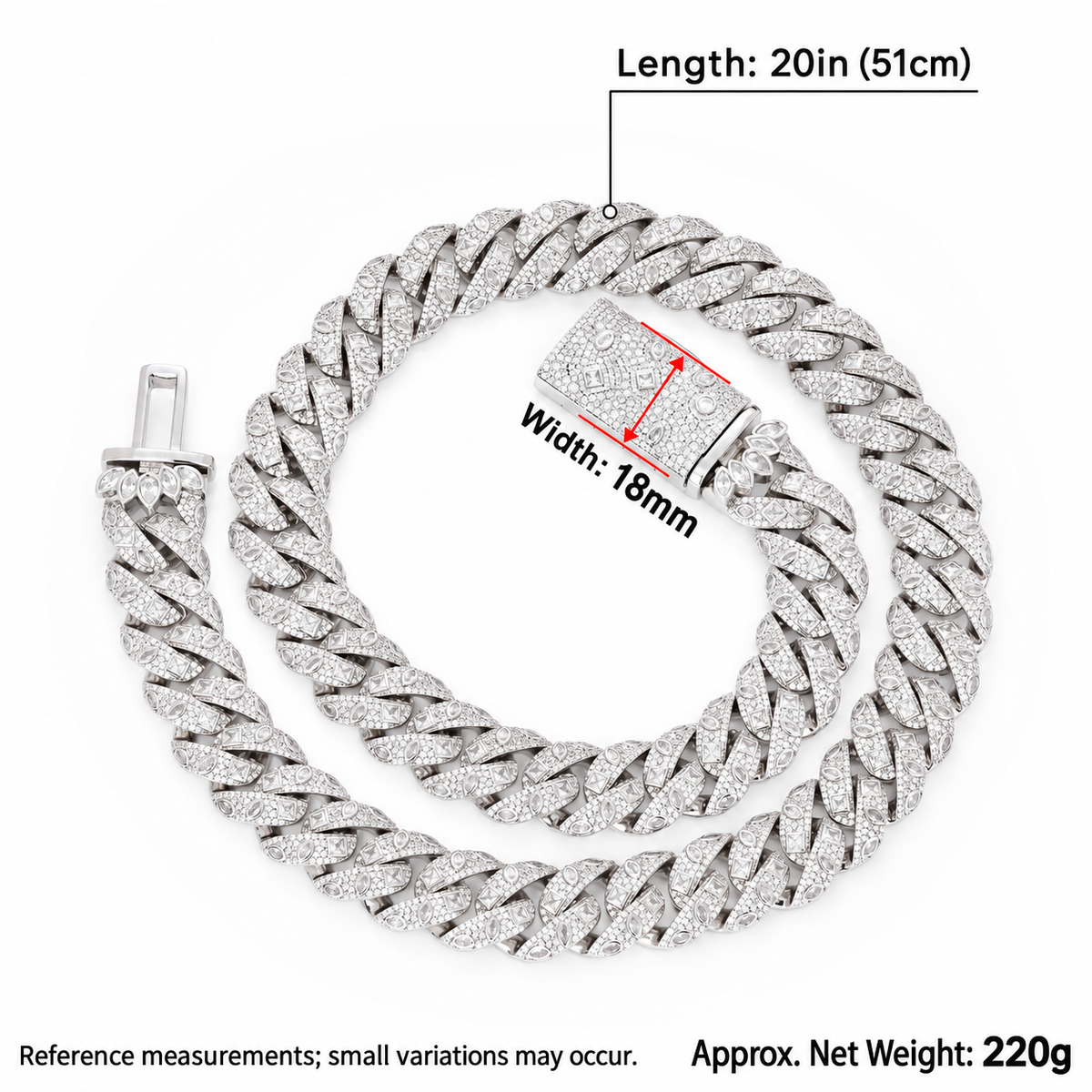 Coiled silver-tone Cuban necklace with length, width and net-weight annotations