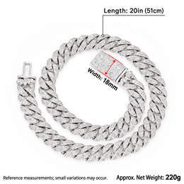 Coiled silver-tone Cuban necklace with length, width and net-weight annotations