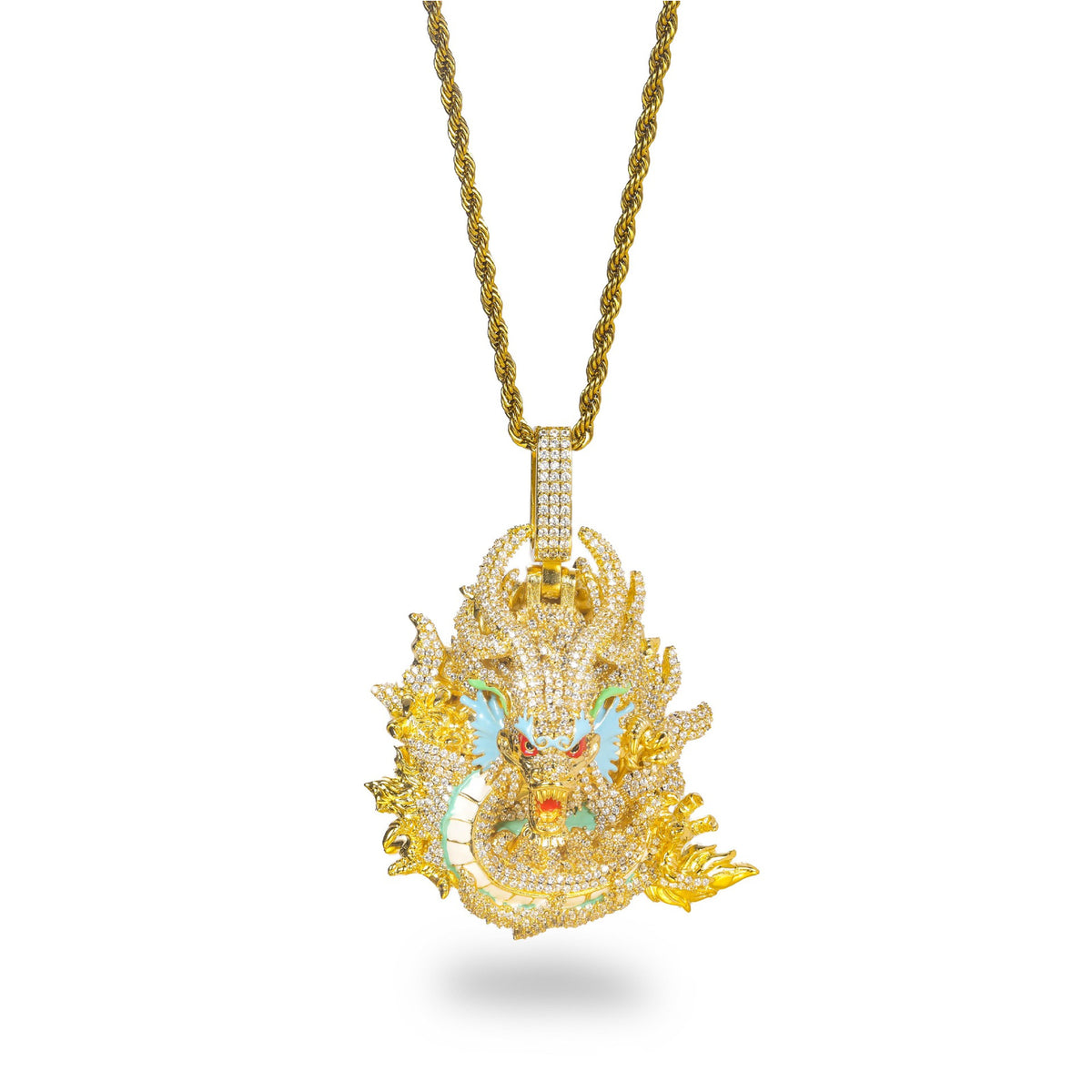Gold iced dragon pendant displayed on white