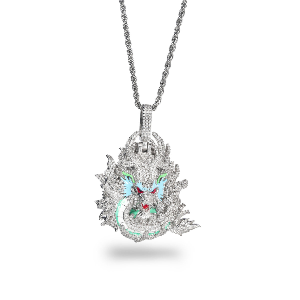 Silver iced dragon pendant displayed on white