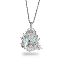 Silver iced dragon pendant displayed on white