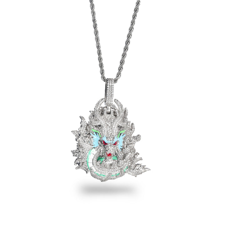 Silver iced dragon pendant displayed on white