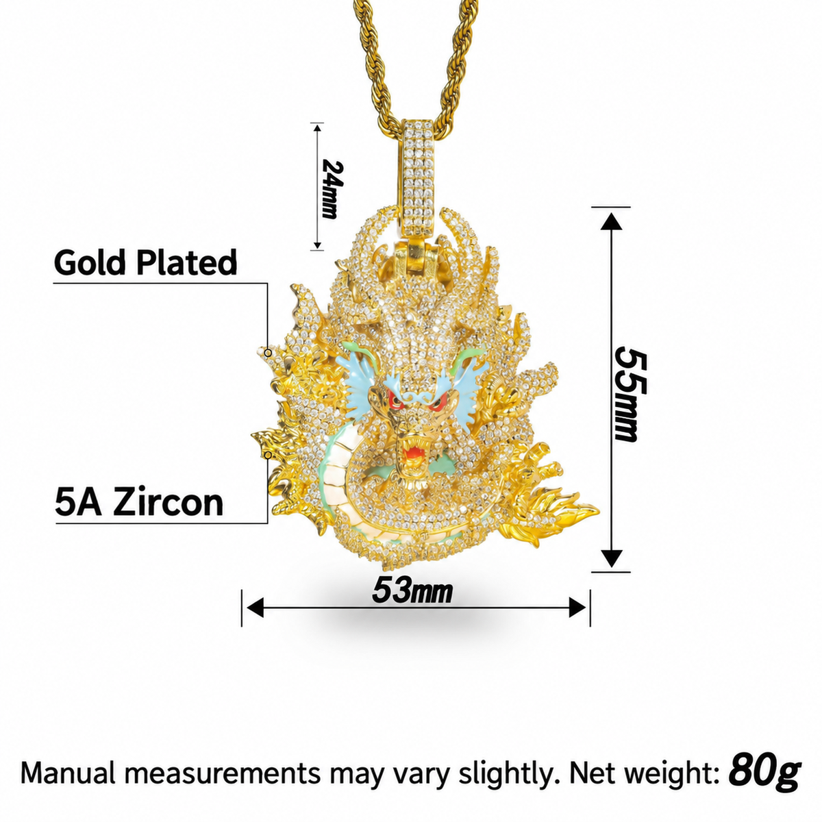 Gold iced dragon pendant size and weight guide