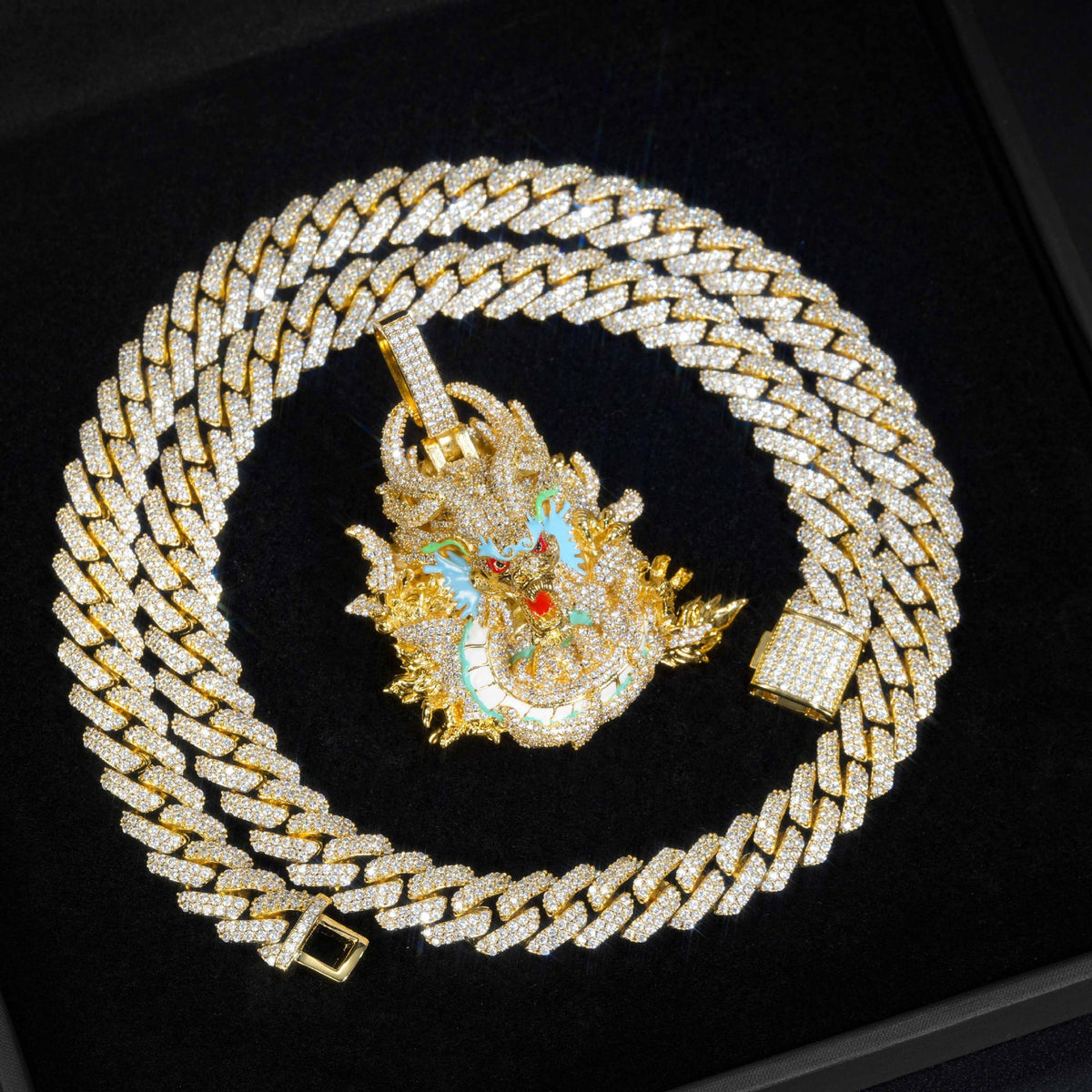 Gold iced dragon pendant in a circular presentation