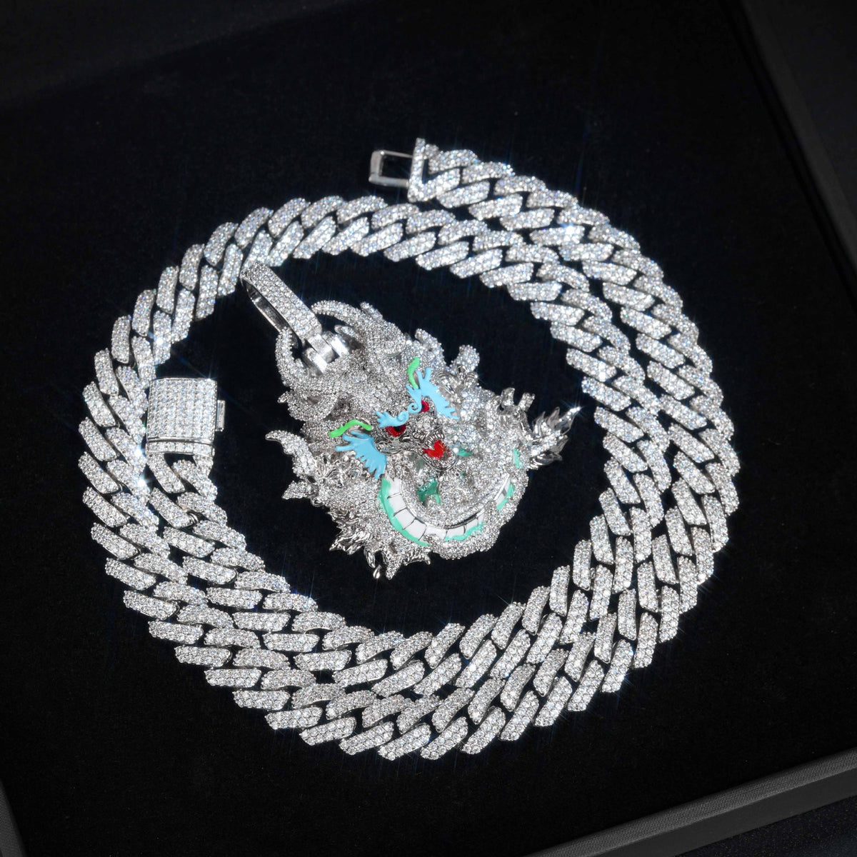 Silver iced dragon pendant in a circular presentation