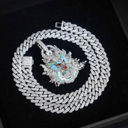 Silver iced dragon pendant in a circular presentation