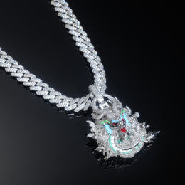 Silver iced dragon pendant in an angled presentation