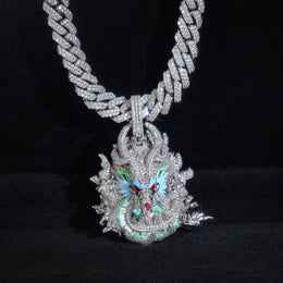 Silver iced dragon pendant in a front presentation