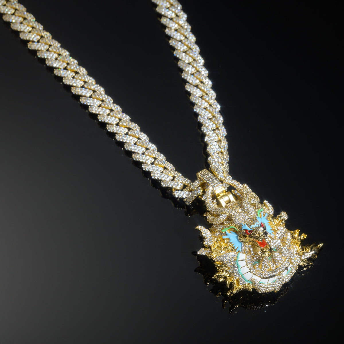 Gold iced dragon pendant in an angled presentation