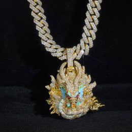 Gold iced dragon pendant in a front presentation