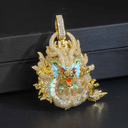 Gold iced dragon pendant front detail