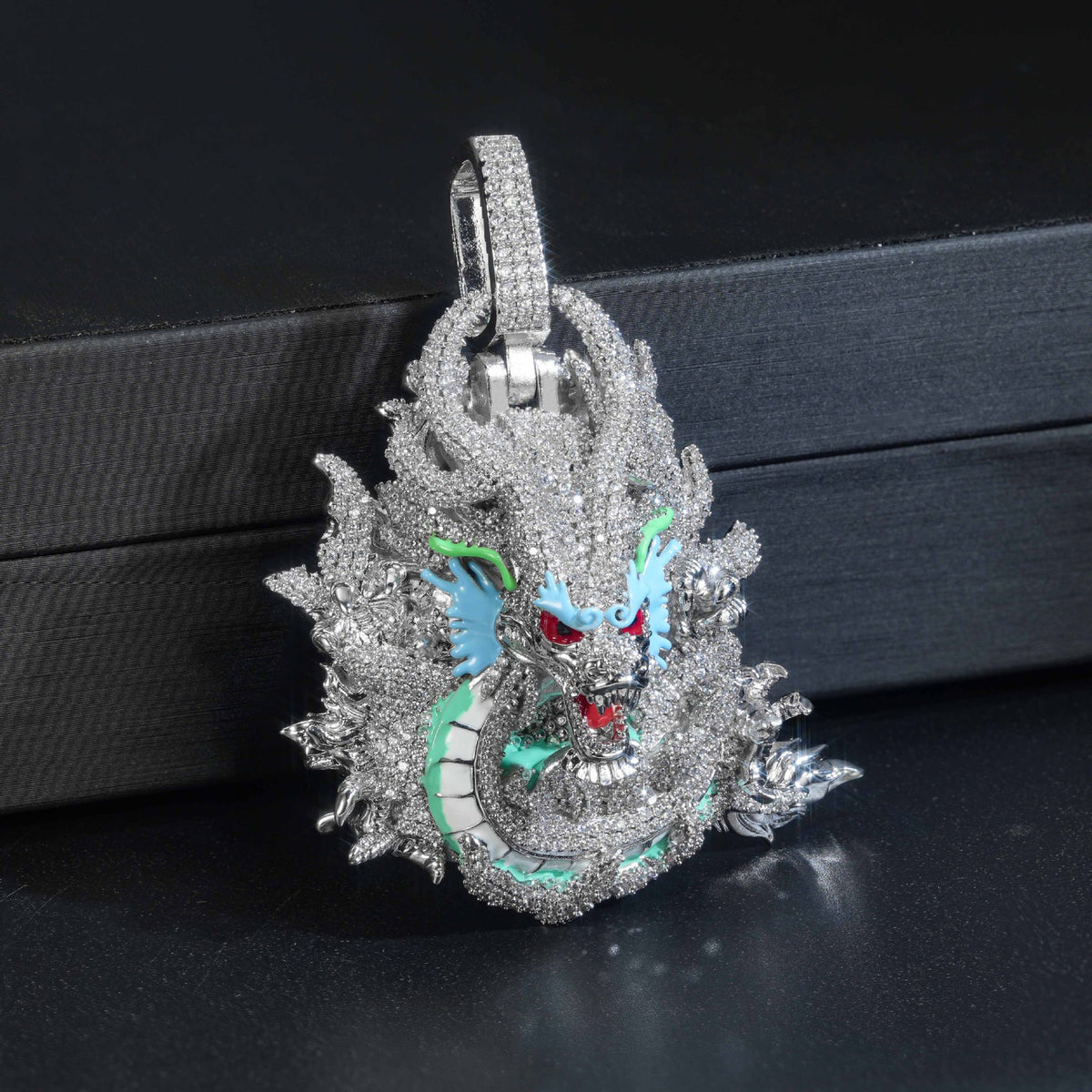 Silver iced dragon pendant front detail