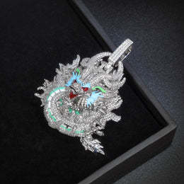 Silver iced dragon pendant angled in a black box