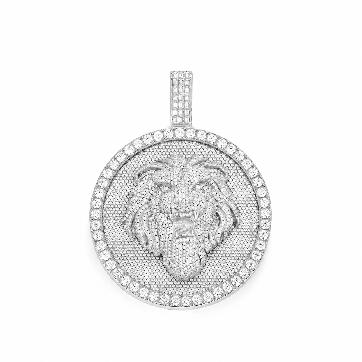 Silver-tone lion medallion pendant on a white background