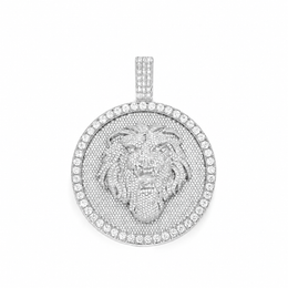 Silver-tone lion medallion pendant on a white background