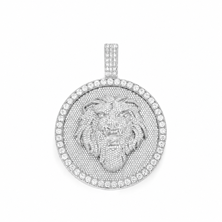 Silver-tone lion medallion pendant on a white background
