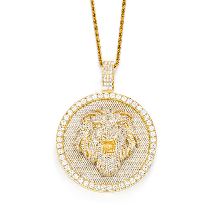 Gold-tone lion medallion pendant front view on white