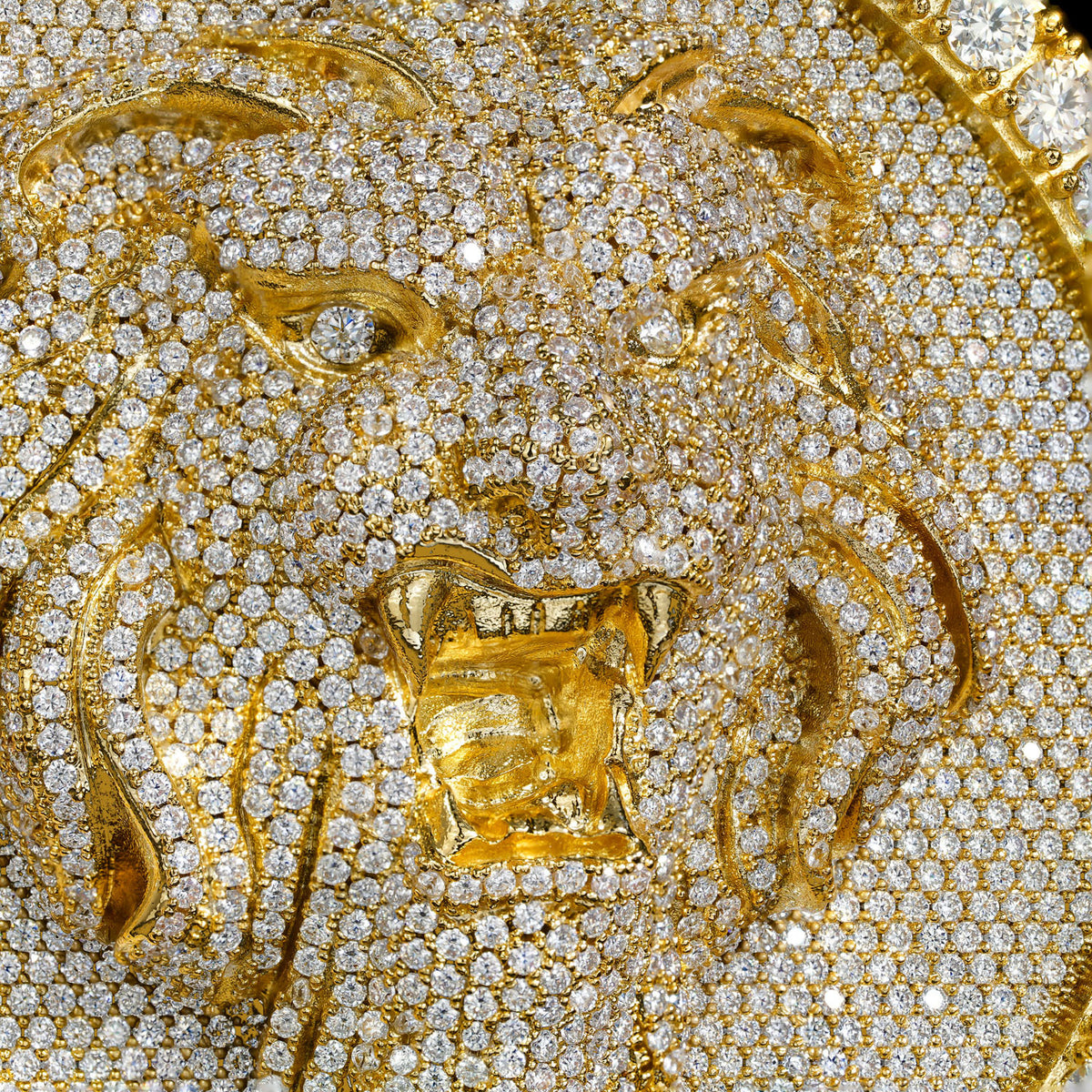 Close-up of the gold-tone lion face and pavé detailing on the medallion