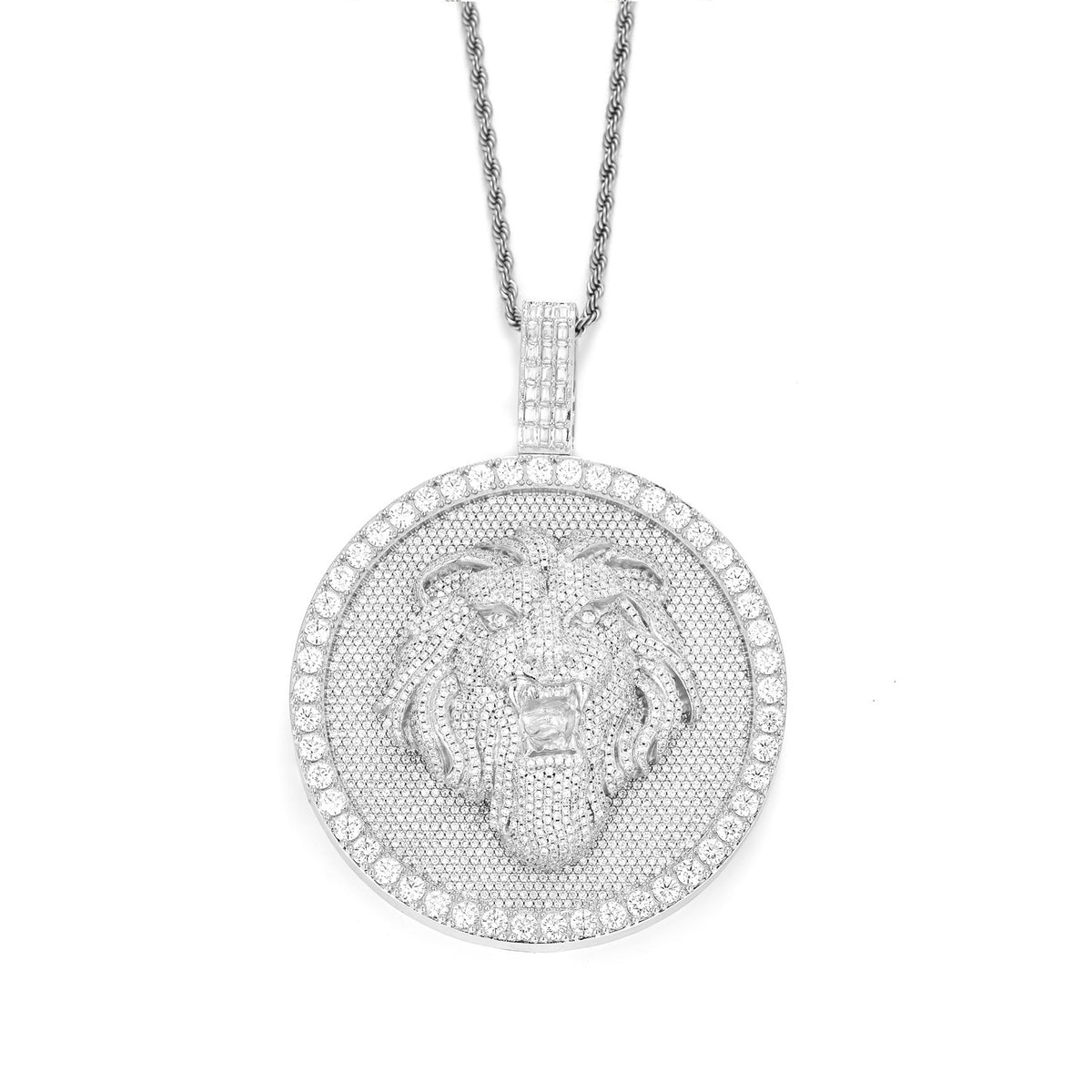 Silver-tone lion medallion pendant front view on white with a styling accessory