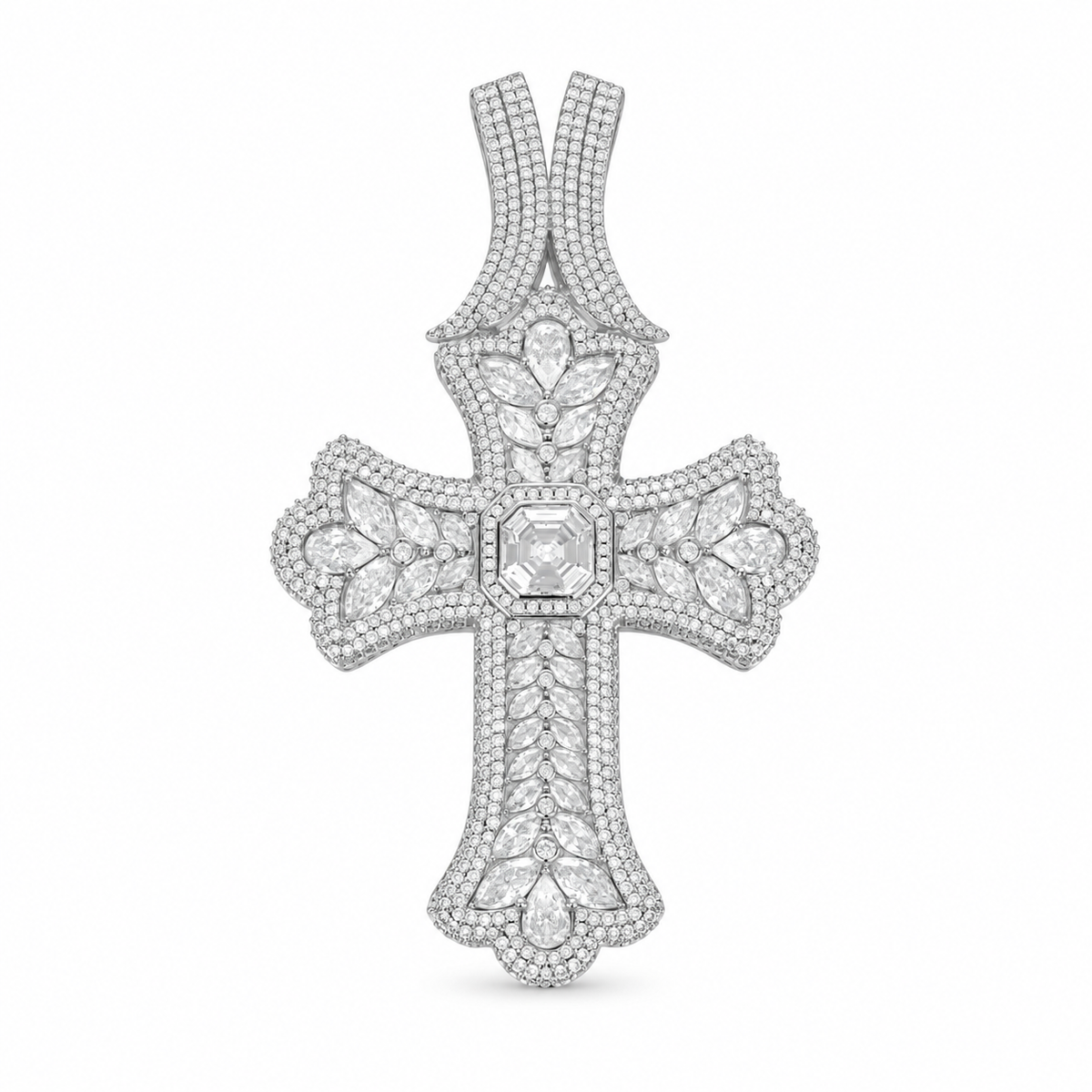 Silver oversized iced octagonal cross pendant on white