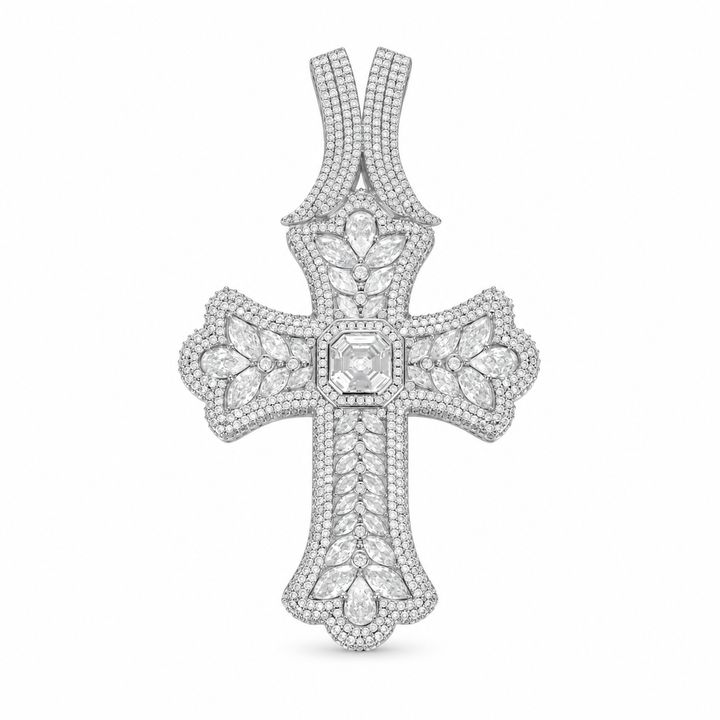 Silver oversized iced octagonal cross pendant on white