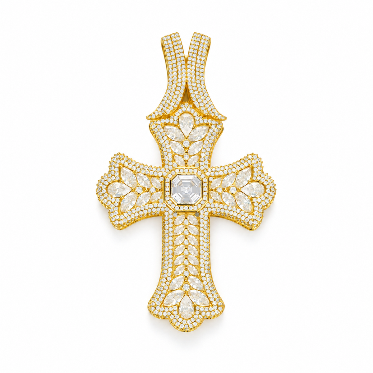 Gold oversized iced octagonal cross pendant on white