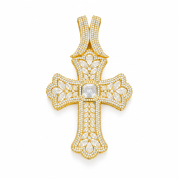 Gold oversized iced octagonal cross pendant on white