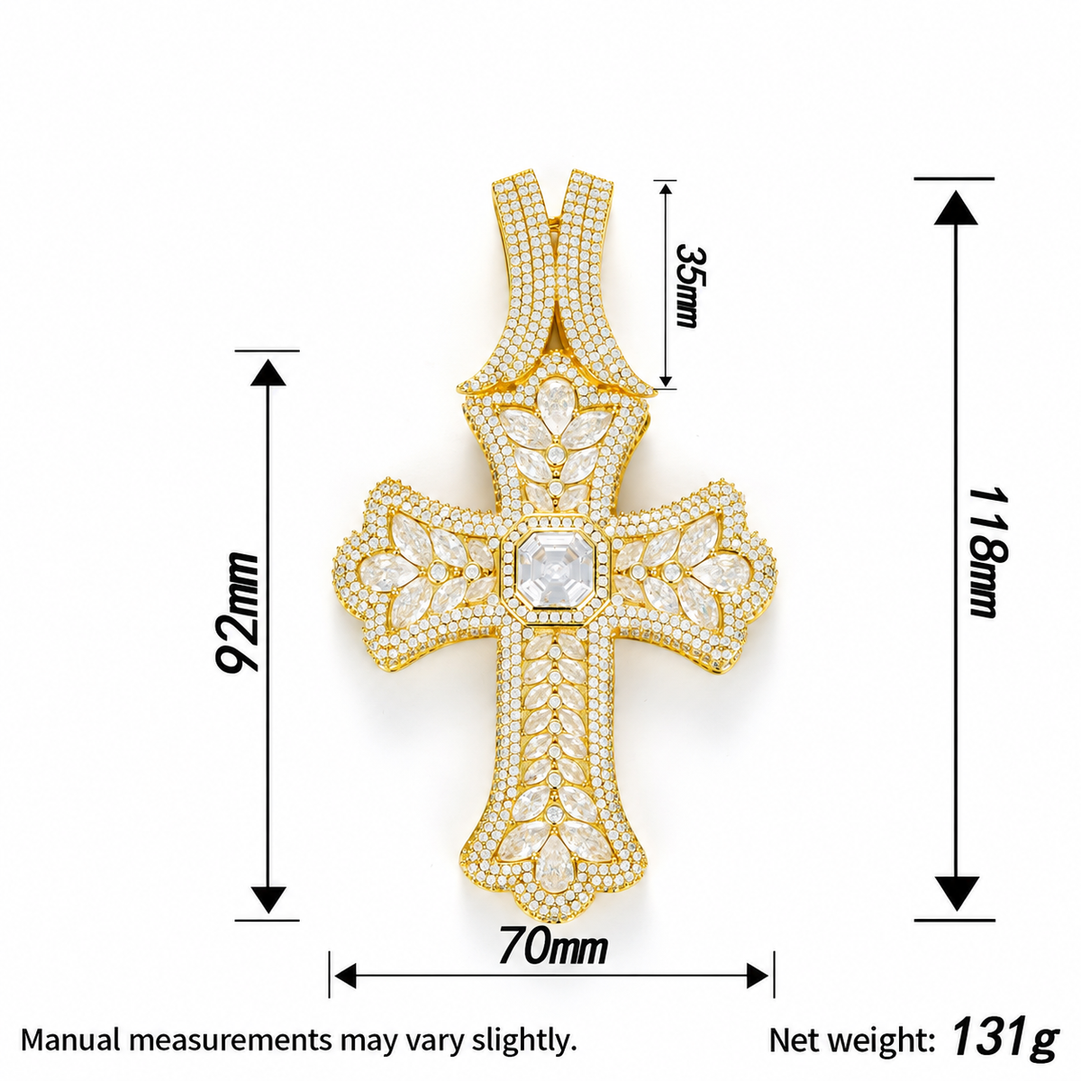 Gold oversized iced cross pendant size and weight guide