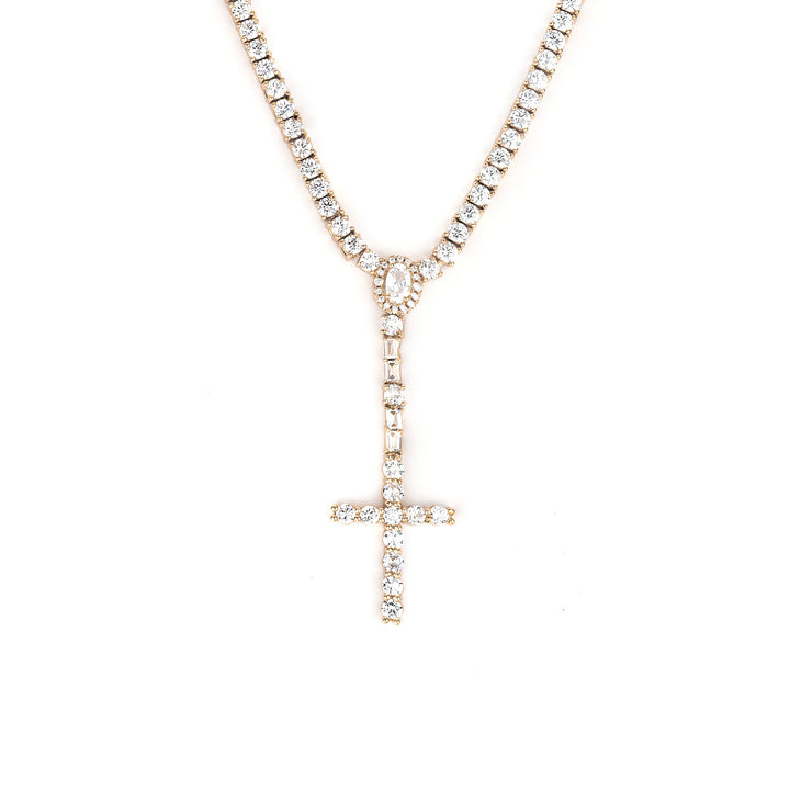 Rose Gold-tone cross drop tennis necklace with an oval halo and rectangular stone accents on white