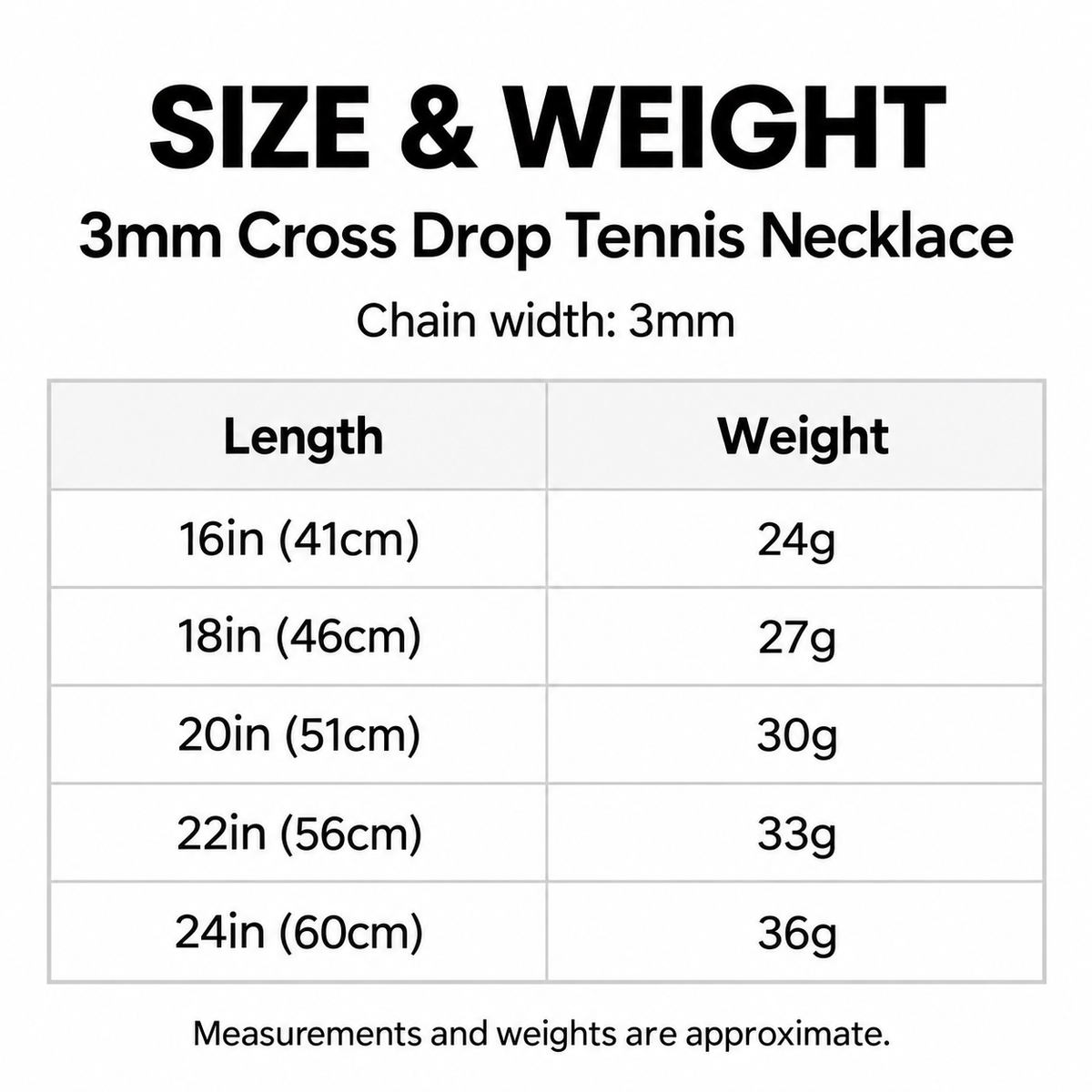 English 3mm cross drop tennis necklace length and weight table