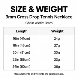 English 3mm cross drop tennis necklace length and weight table