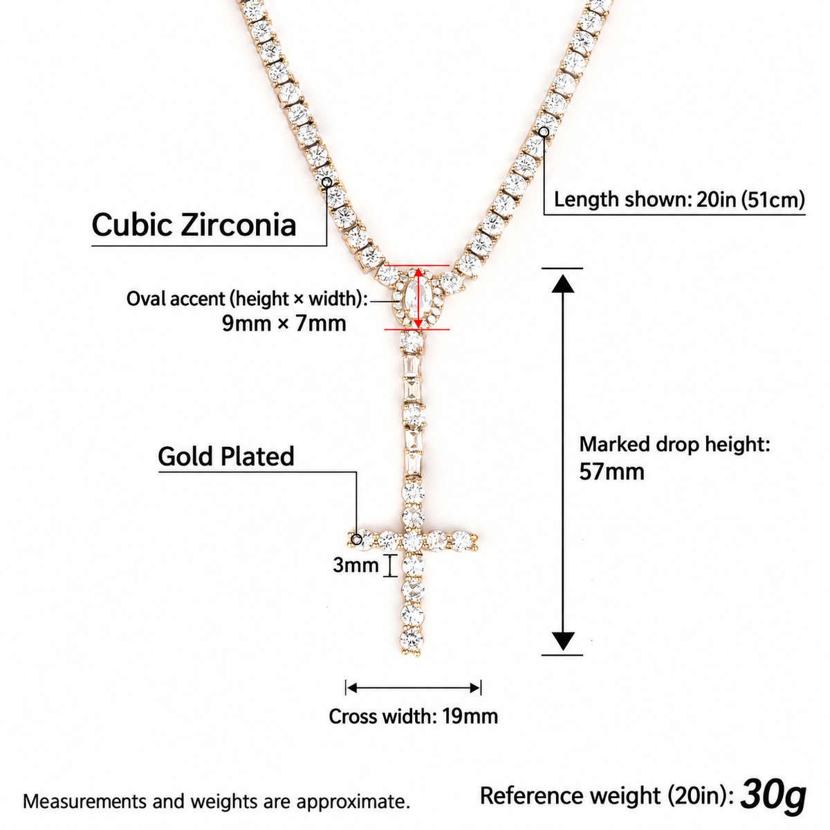 English 3mm cross drop tennis necklace measurement diagram showing the Gold reference necklace