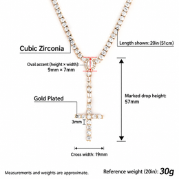 English 3mm cross drop tennis necklace measurement diagram showing the Gold reference necklace
