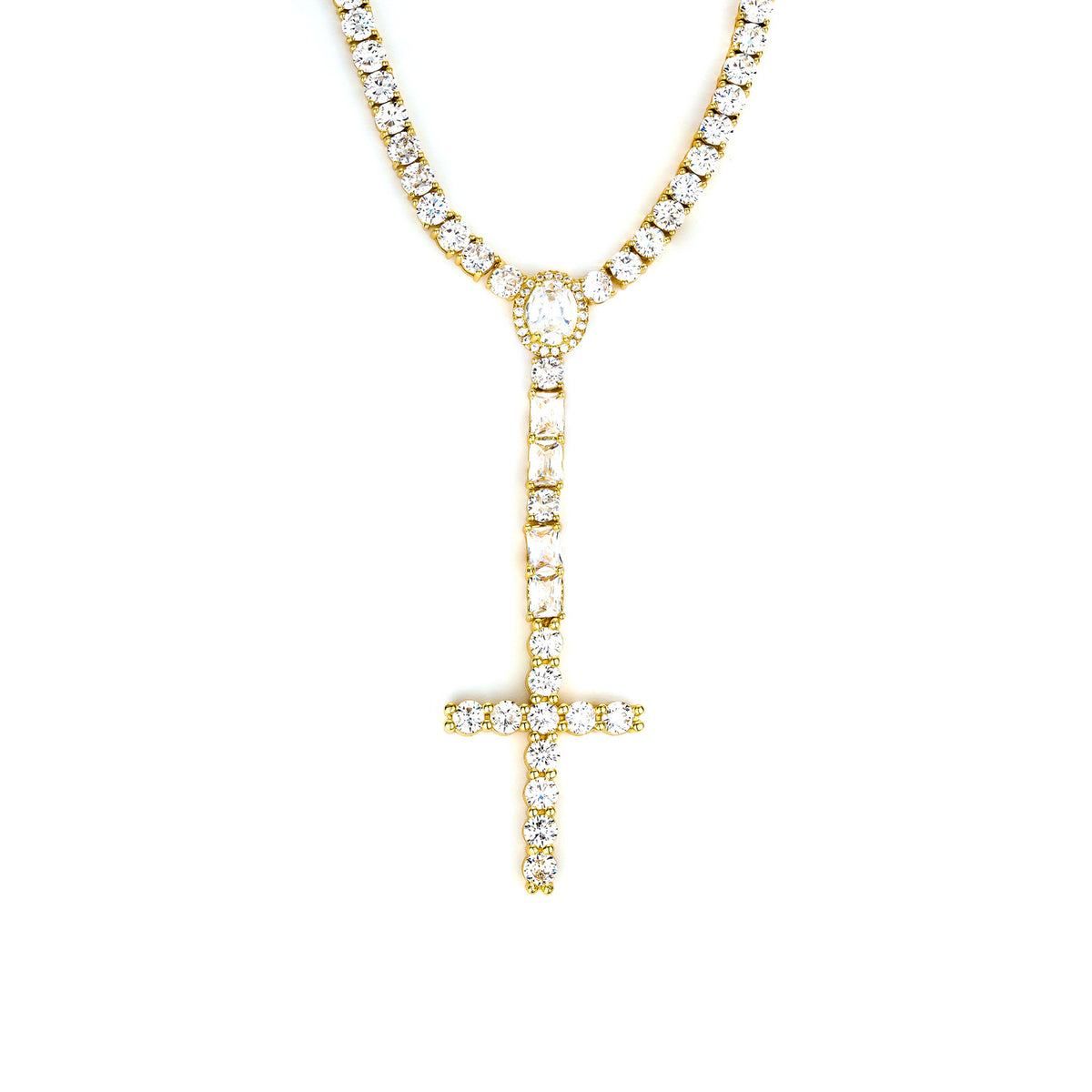 Gold-tone cross drop tennis necklace with an oval halo and rectangular stone accents on white