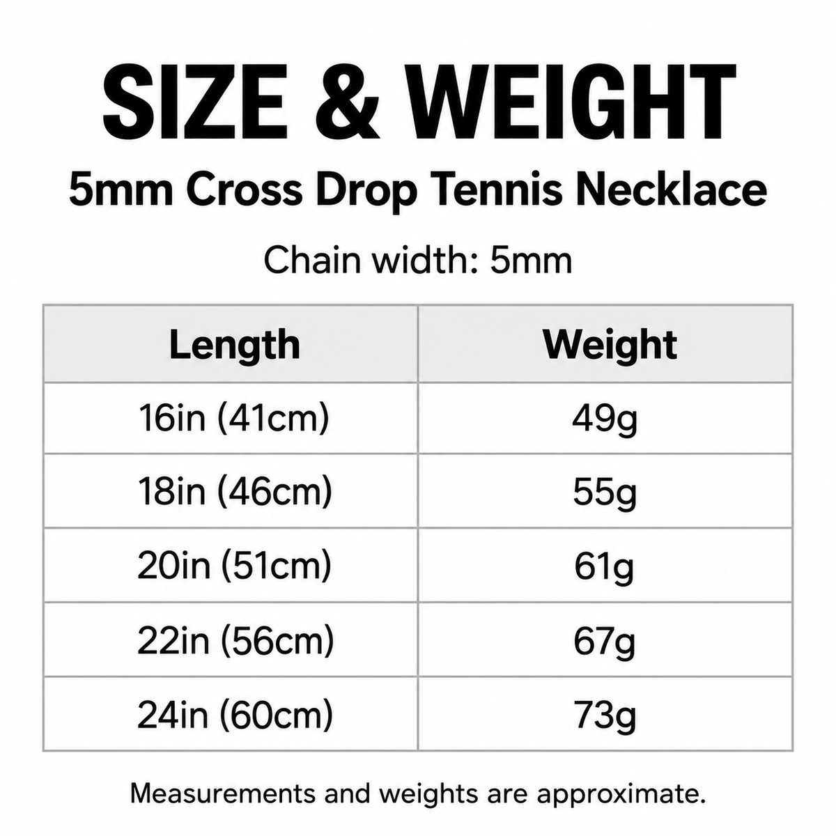 English 5mm cross drop tennis necklace length and weight table