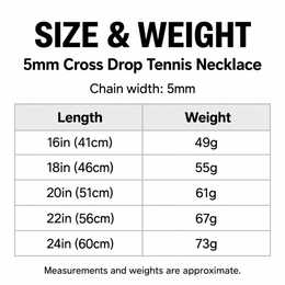 English 5mm cross drop tennis necklace length and weight table