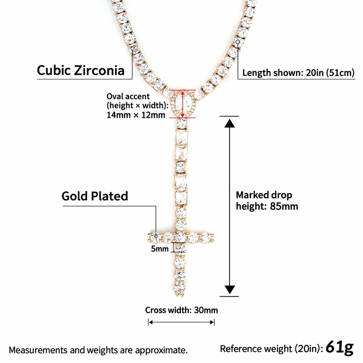 English 5mm cross drop tennis necklace measurement diagram showing the Gold reference necklace