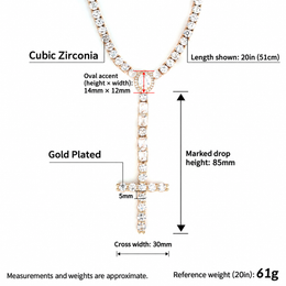 English 5mm cross drop tennis necklace measurement diagram showing the Gold reference necklace