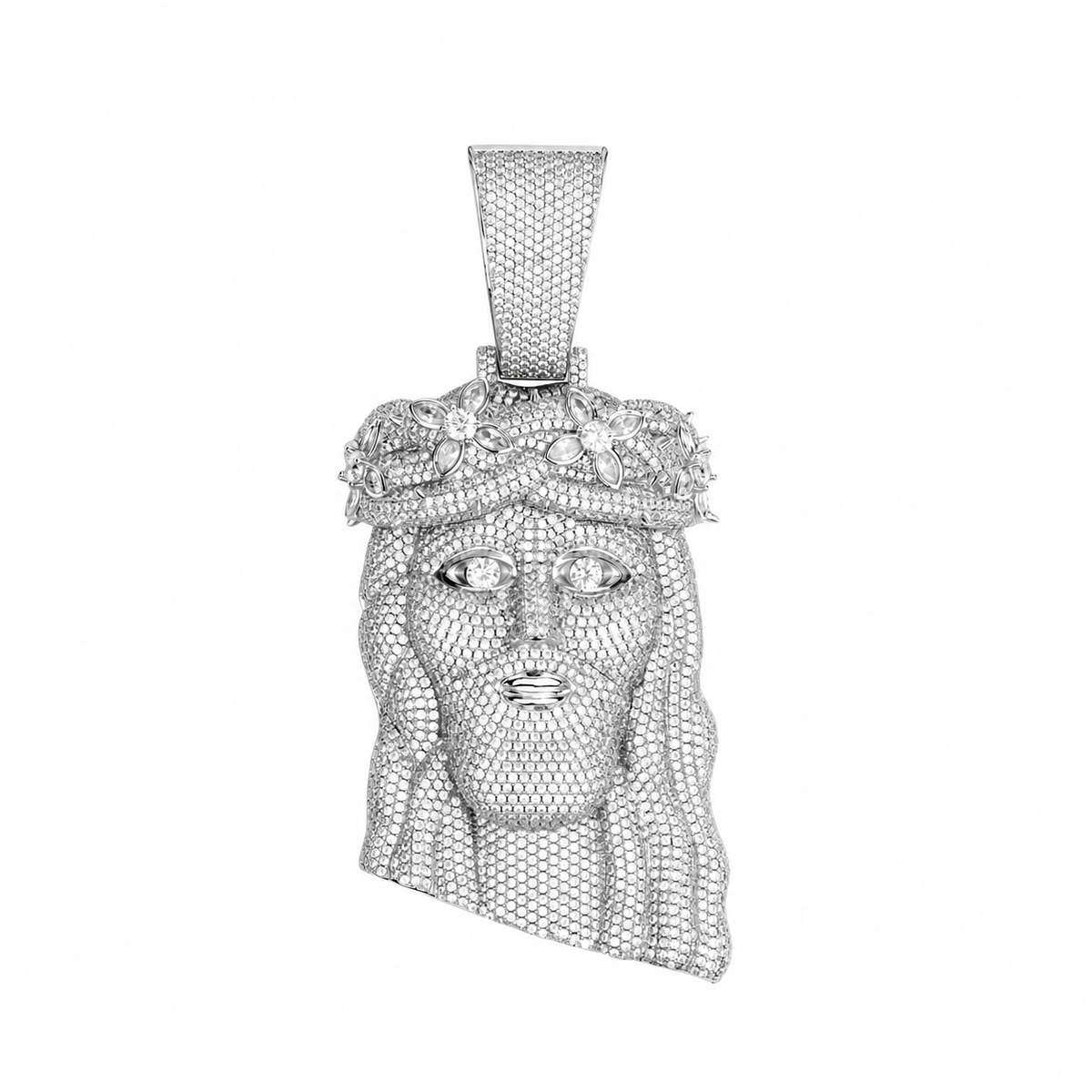Silver-tone crowned Jesus pendant with stone-set face and tapered bail on white